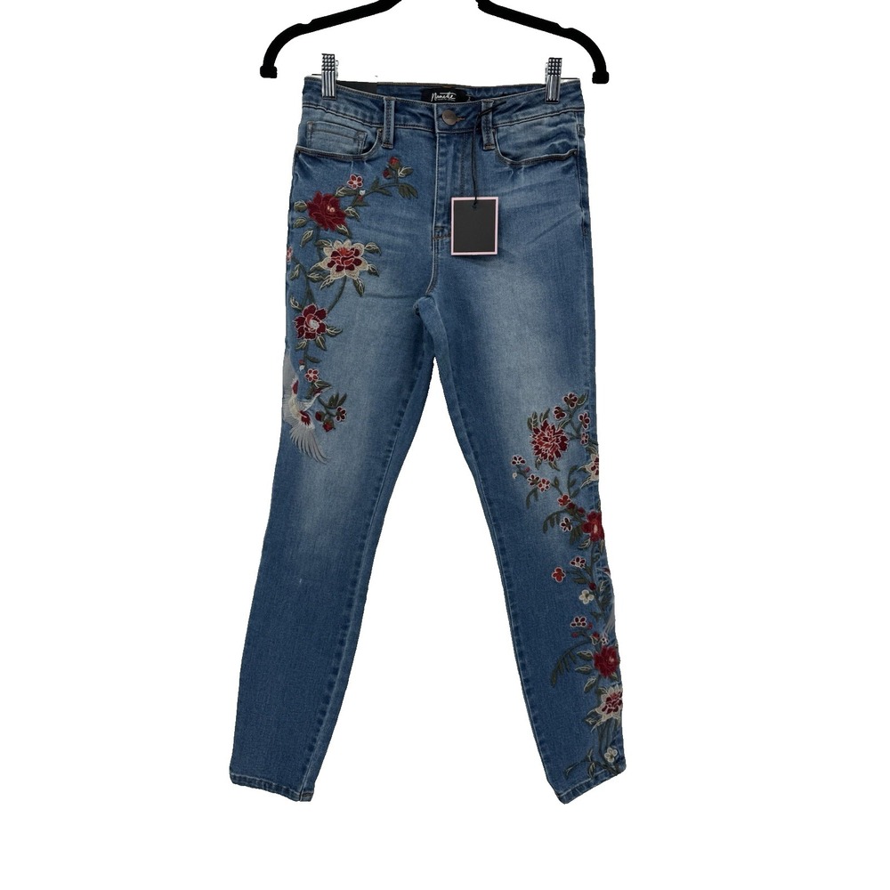 Nanette Lepore High Rise Astor Skinny Floral Embroidered‎ Y2K jeans Crane Bird 2